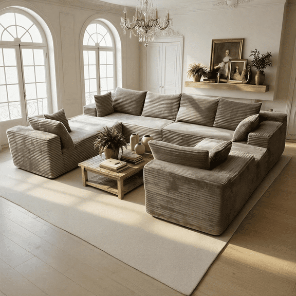 U Shaped Sectional Couches for Living Room, 8 Seater Faux Fur Modular Boneless Cloud Sofa with Chaise Lounges, 4-in-1 Flexible Combination Deep Seat Corner Large Couch,No Assembly Light Coffee