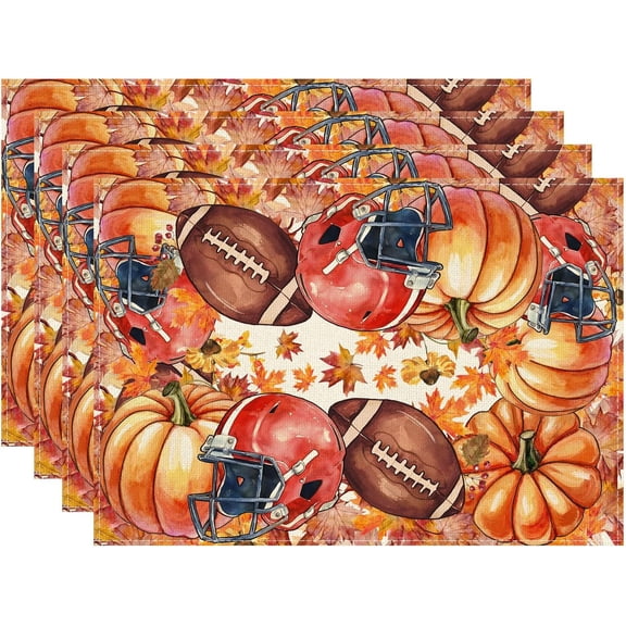 Watercolor Football Helmet Maple Leaf Pumpkin Fall Placemats Set of 4 Table Mats for Party Home Kitchen Dining Table Decorations 12x18 Inch