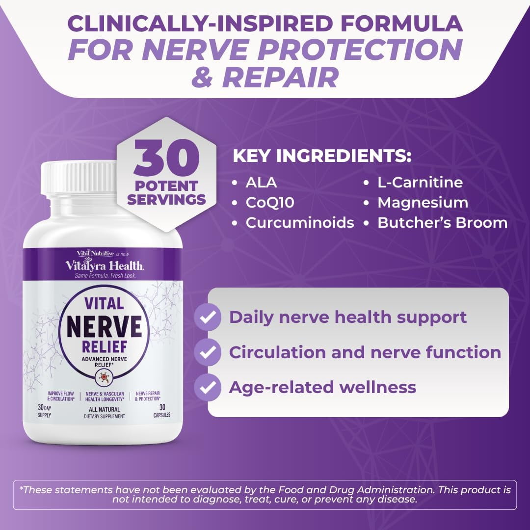 Vitalyra Nerve Relief Daily Nerve Support Supplement, Vegan Non-GMO Gluten-Free Sugar-Free Nerve Health Formula, 60 Capsules 30-Day Supply