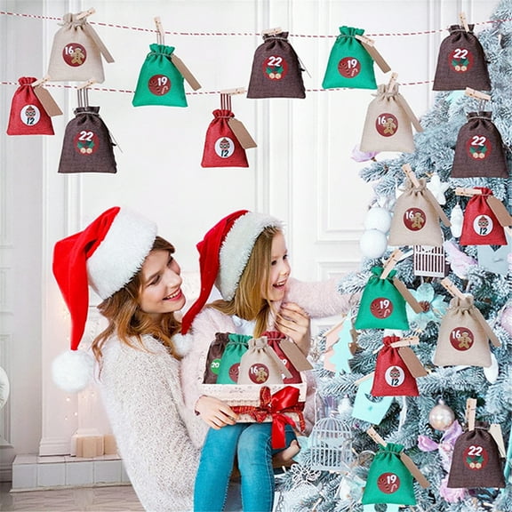 87Pcs Christmas DIY Countdown Advent Calendar Set, Filling Gift Bags Numbers Stickers Party Decor Christmas Gift Bags with 28 Fabric Bag, 28 Wooden Pegs and 32.8 ft Jute Rope