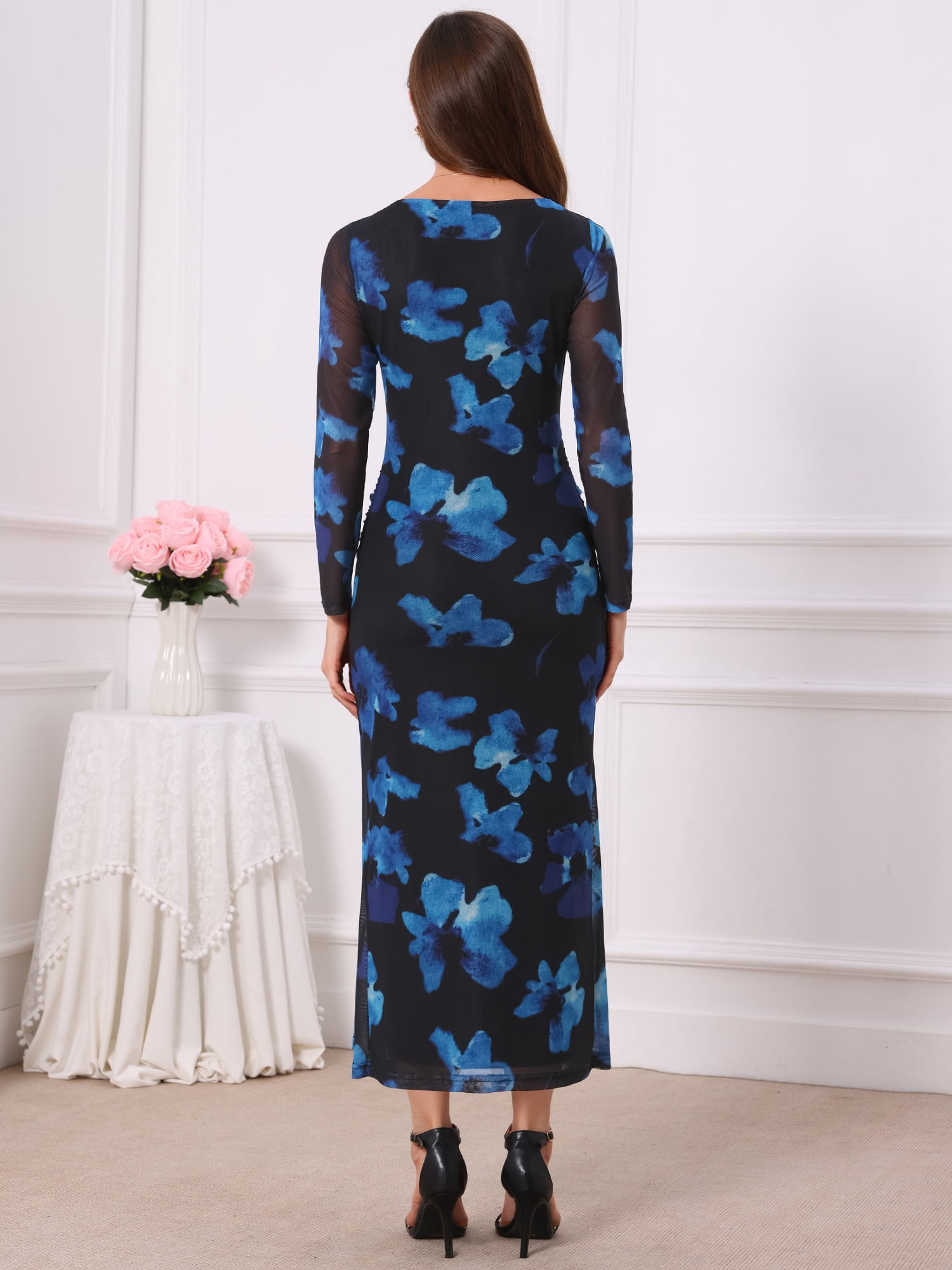 DARING DIVA Women's Floral Bodycon Long Sleeve Boat Neck Mesh Dress M Black