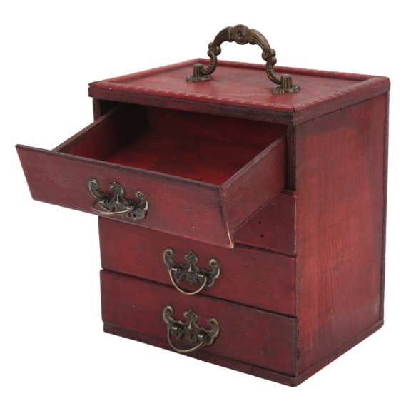 Retro Jewelry Organizer Case, 4 Layer Drawer Look Vintage Wooden Jewelry Box, Size 5.9x4.3x6.5in