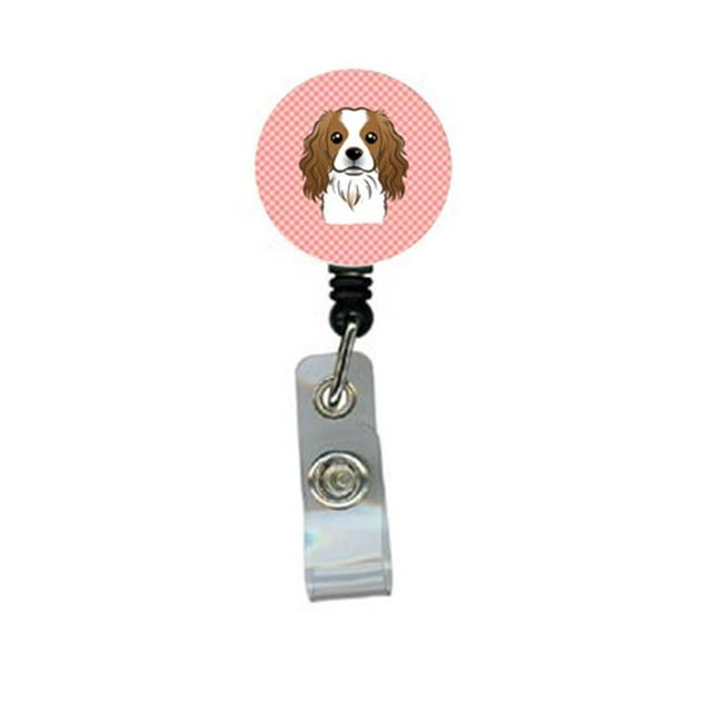 Checkerboard Pink Cavalier Spaniel Retractable Badge Reel