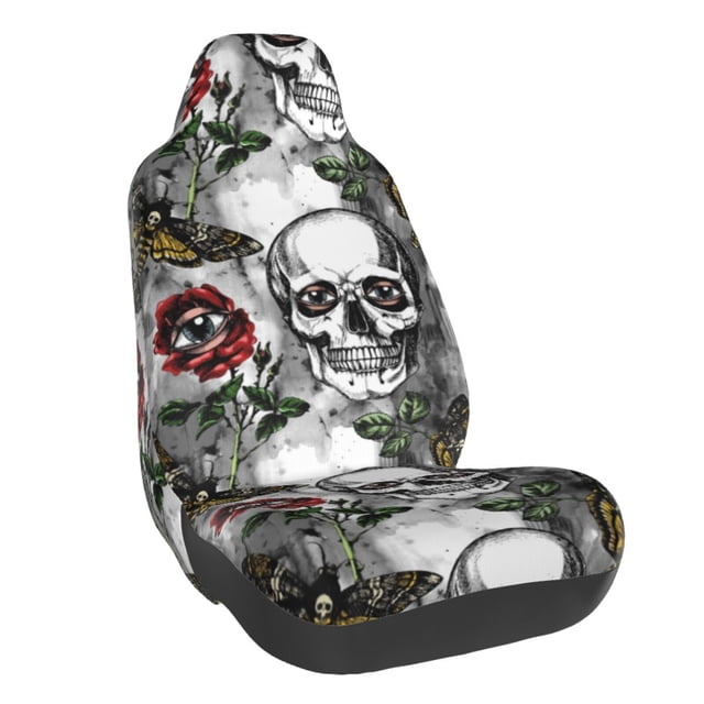 Wukai Skulls Roses Full Set Car Seat Covers with Soft Padding Universal Auto Front Seats Protector and Cushion Mat