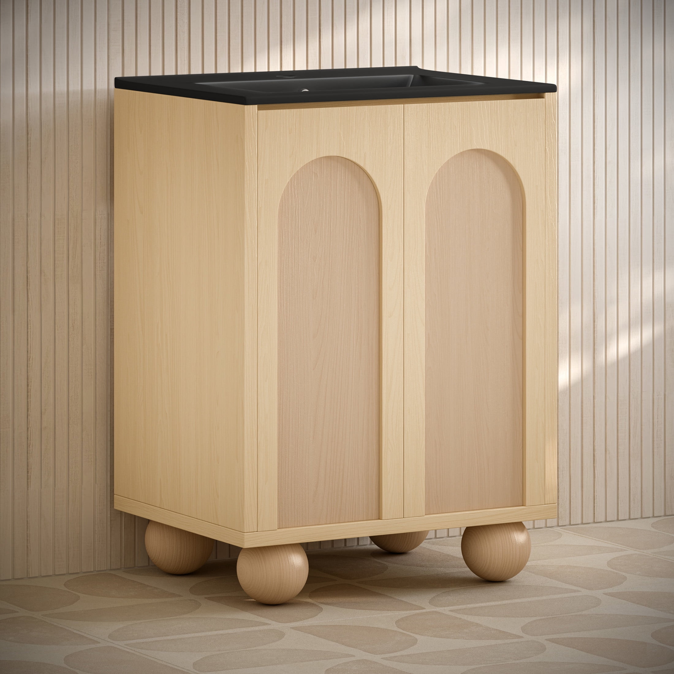 Plaisir II 24" Freestanding Bathroom Vanity in Natural Oak with Black Sink Top