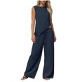 thumbnail image 2 of Bloomae Womens Summer Two Piece Sets Trendy Soft Cotton Linen Sleeveless Asymmetrical Crewneck Tank Tops Drawstring Waist Wide Leg Pants Set Lightweight Beach Vacation Cruise Outfits Navy XXL, 2 of 7