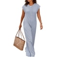 thumbnail image 4 of Women's Short Sleeve Wide Leg Striped Bodysuit Casual Round Neck Bodysuit Button Summer Suit, 4 of 8