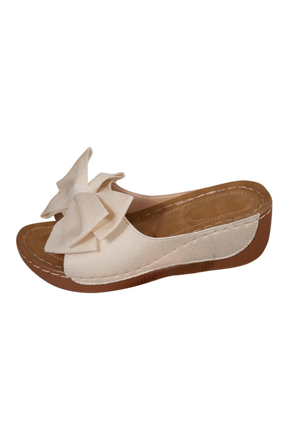 Womens Bow Platform Wedge Slide Sandals - Comfortable Slip On Dressy Casual Summer Shoes with Non-Slip PU Faux Leather Outsole, Beige,Size 7.5