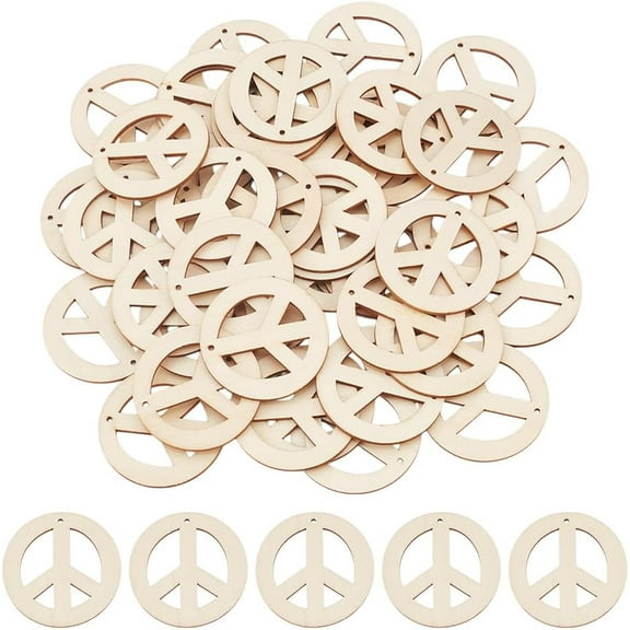 1set 50pcs Wood Big Pendants Peace Sign Creamy White 50x2~2.5mm Hole: 2mm