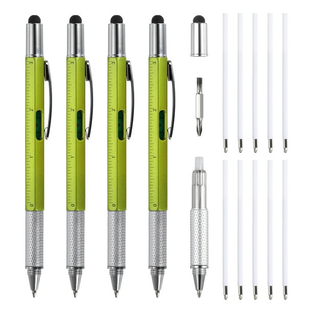 4 piezas 6 en 1 herramienta multifuncional bolígrafo regalos para hombres con bolígrafo, regla, destornillador, stylus, Verde