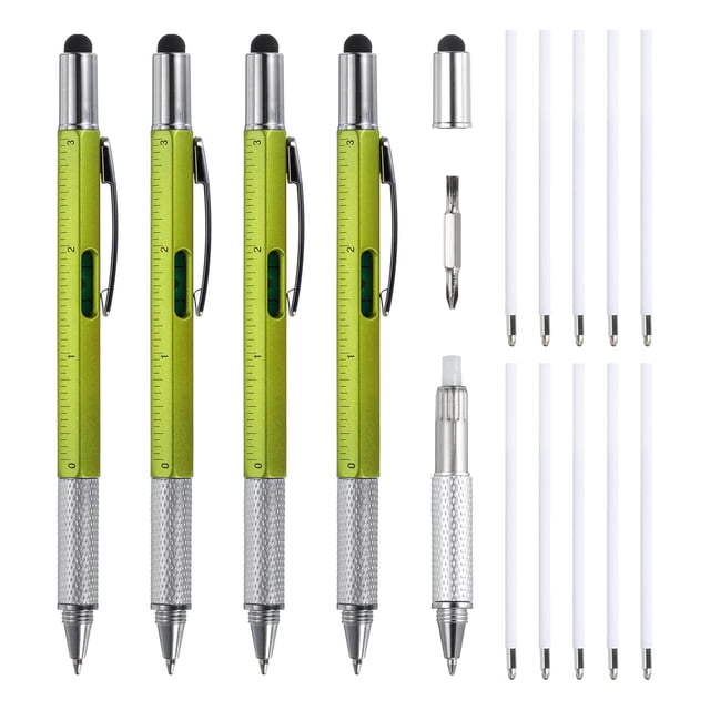 4 piezas 6 en 1 herramienta multifuncional bolígrafo regalos para hombres con bolígrafo, regla, destornillador, stylus, Verde