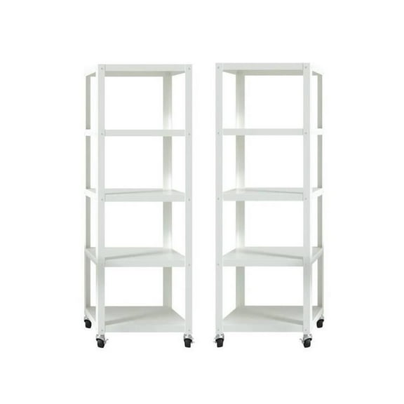 Home Square 5 Shelf Mobile Wood Bookcase Set in White (Set of 2)