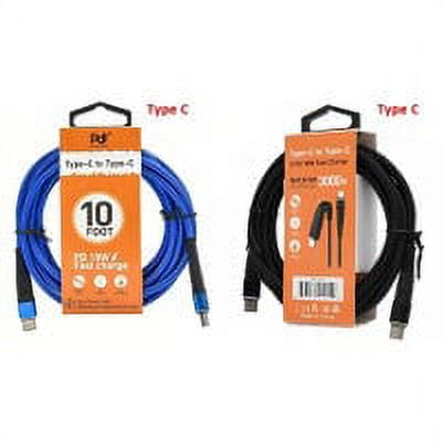 2 Pack - Premium Extra long 10FT Charging Cord - Heavy Duty Type C to C - PD 18W Fast Charge & Sync Cable in Black & Blue Colors ( PDI-1455 ) 3000+ Bend Lifespan