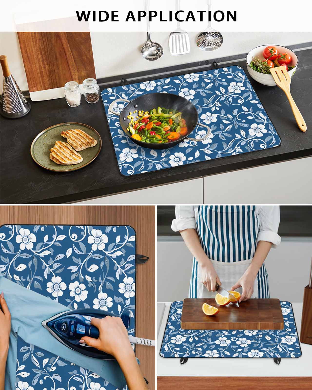 nqOlkjepod Large Induction Cooktop Protector Mat 36"x21", Blue White Floral Stove Top Covers for Electric Stove, Farmhouse Retro Botanical Leaves Stove Burner Cover Mats, Glass Top Stove Cover