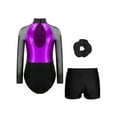 thumbnail image 2 of TTAO Kids Girls Long Sleeve Gymnastics Leotards 3 Piece Tumbling Outfits Dance Unitard with Shorts Hairband Purple&Black 12, 2 of 4
