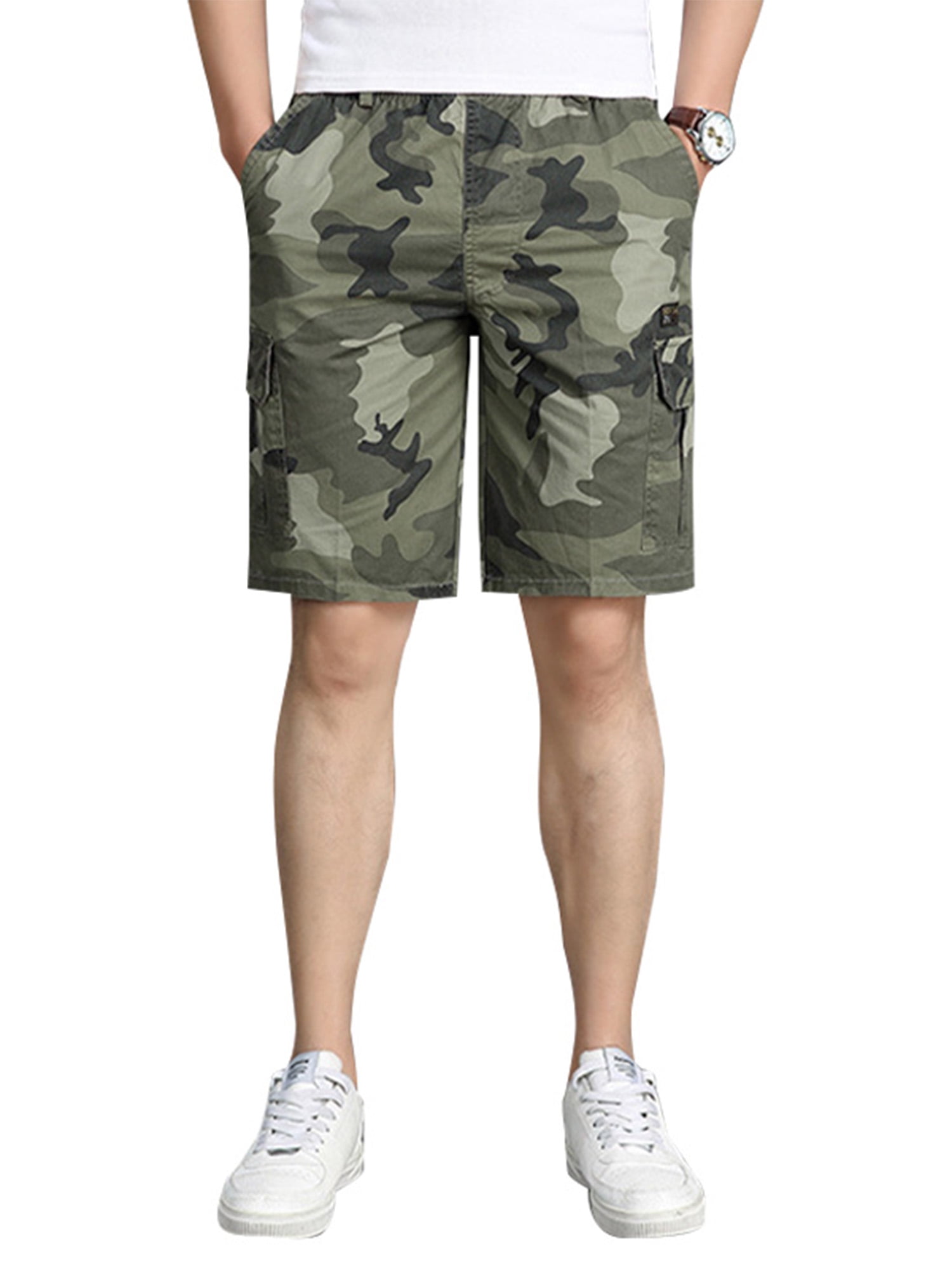 MENS 3/4 SHORTS ELASTICATED JUNGLE PRINT CARGO COMBAT CAMOUFLAGE TROUSERS PANTS