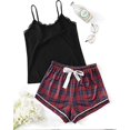 thumbnail image 3 of Conjunto de pijama para mujer con estampado de cuadros y cintura elástica, conjunto de pijama recortado rojo azul 3xl JM, 3 of 5