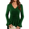 thumbnail image 2 of YanHoo Peplum Sparkle Tops for Women Long Sleeve V Neck Ruffle Hem Sequin Shirts Glitter Shimmer Dressy Blouses Evening Party Night Outfits Green,L, 2 of 8