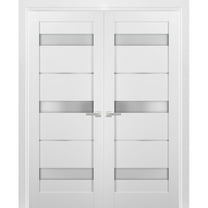 French Double Panel Lite Doors 60 x 96 with Hardware | Quadro 4055 White Silk with Frosted Opaque Glass | Panel Frame Trims | Bathroom Bedroom Interior Sturdy Door