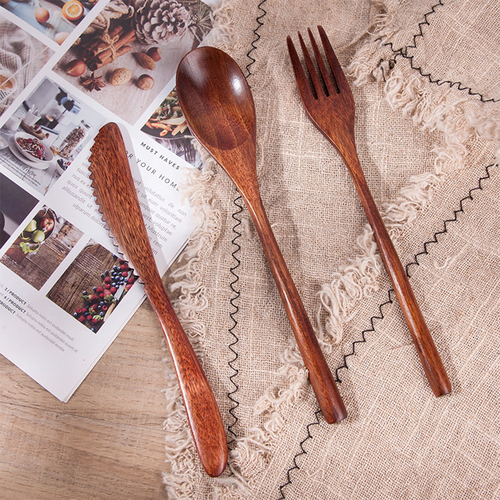 Renawe 6 pcs wooden spoon and fork for eating utensil dinner forks salad  spoons travel flatware