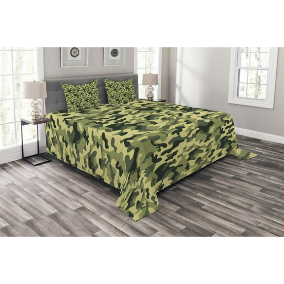 Ambesonne Camouflage Quilted Bedspread Set 3 Pcs, Pale Clothing Motif, King Size, Green Yellow