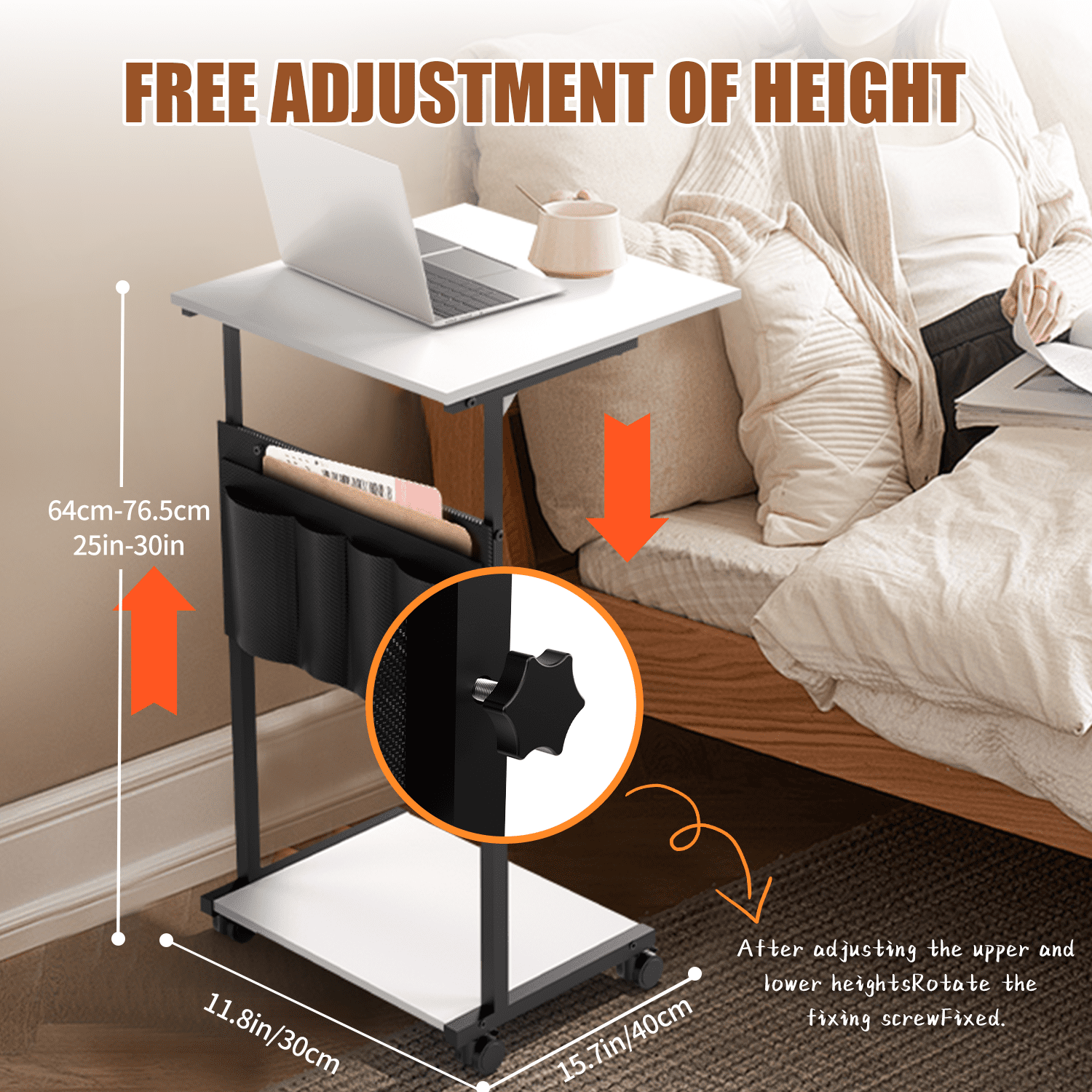 UPGO C-Shaped Adjustable End Table, 25"-30" Height, Small Couch Side Table with Storage for Living Room & Bedroom