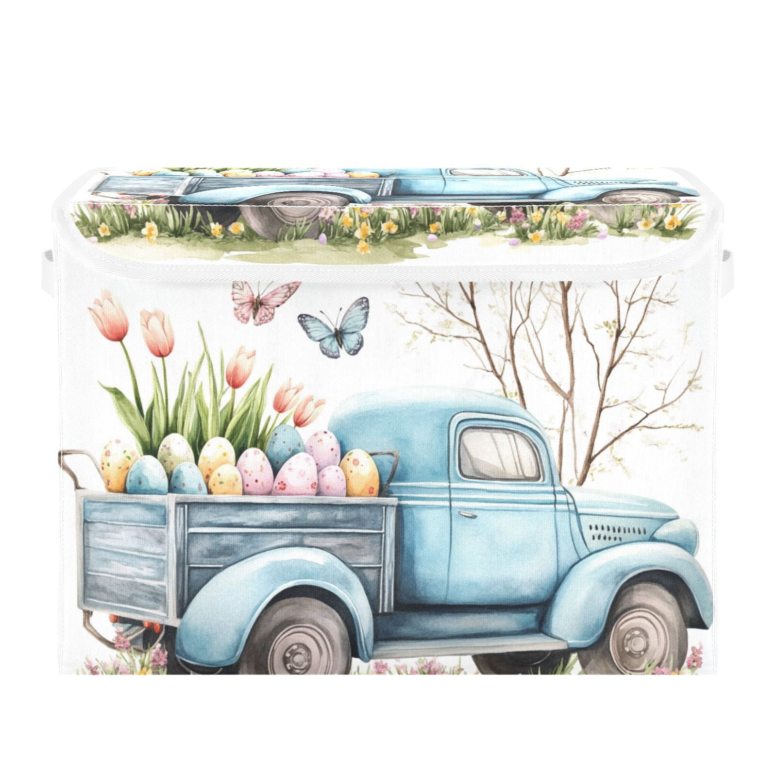 Blue Truck Easter Eggs Storage Basket for Shelves Foldable Container Organizer for Organizing Toys Clothes Books with Handles