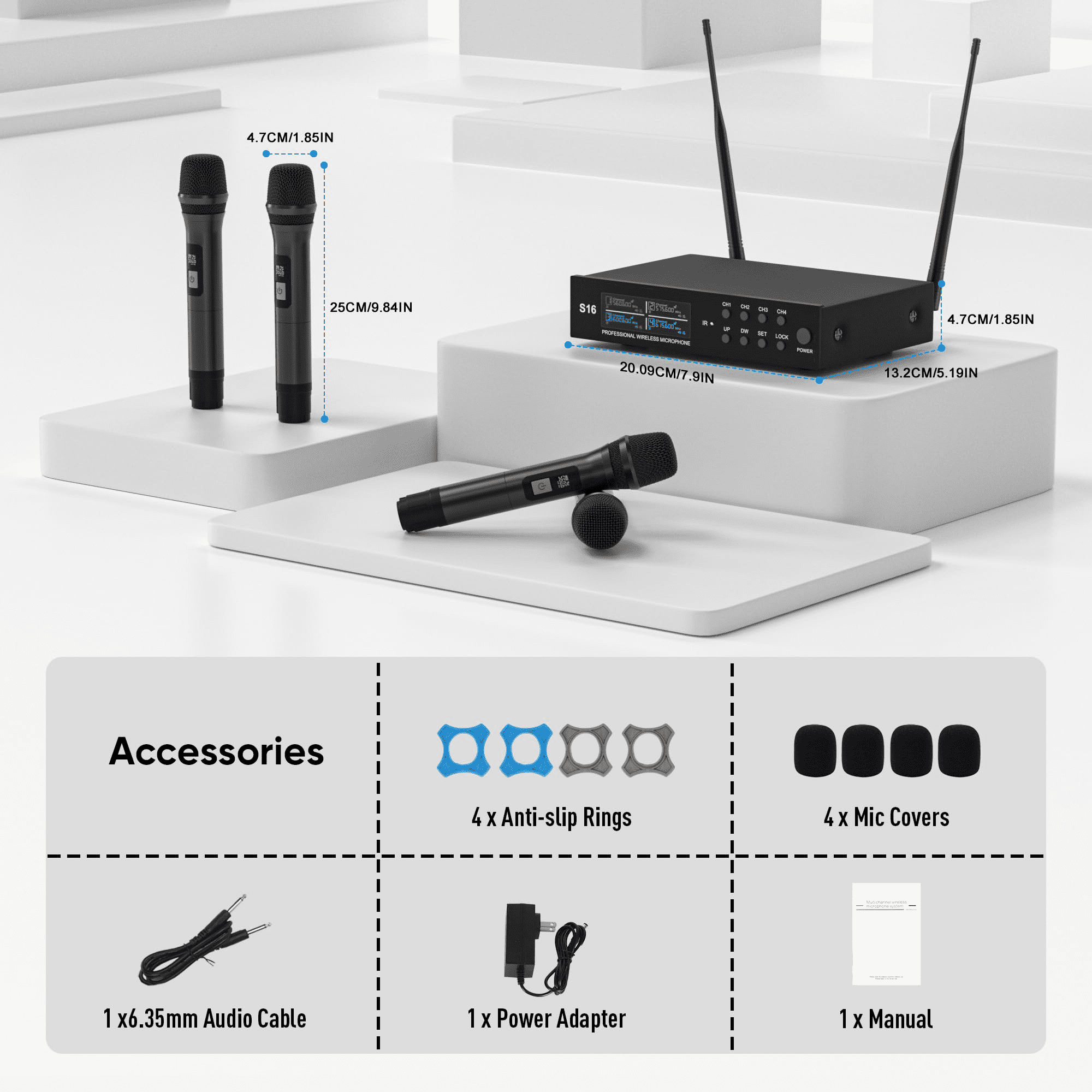 Wireless Microphone System, Pro 4 Channel UHF Mics Set with Metal Cordless Handheld Mics & Receiver, 200 Adjustable Frequency, 300ft Range for Singing, Church, Karaoke, Party