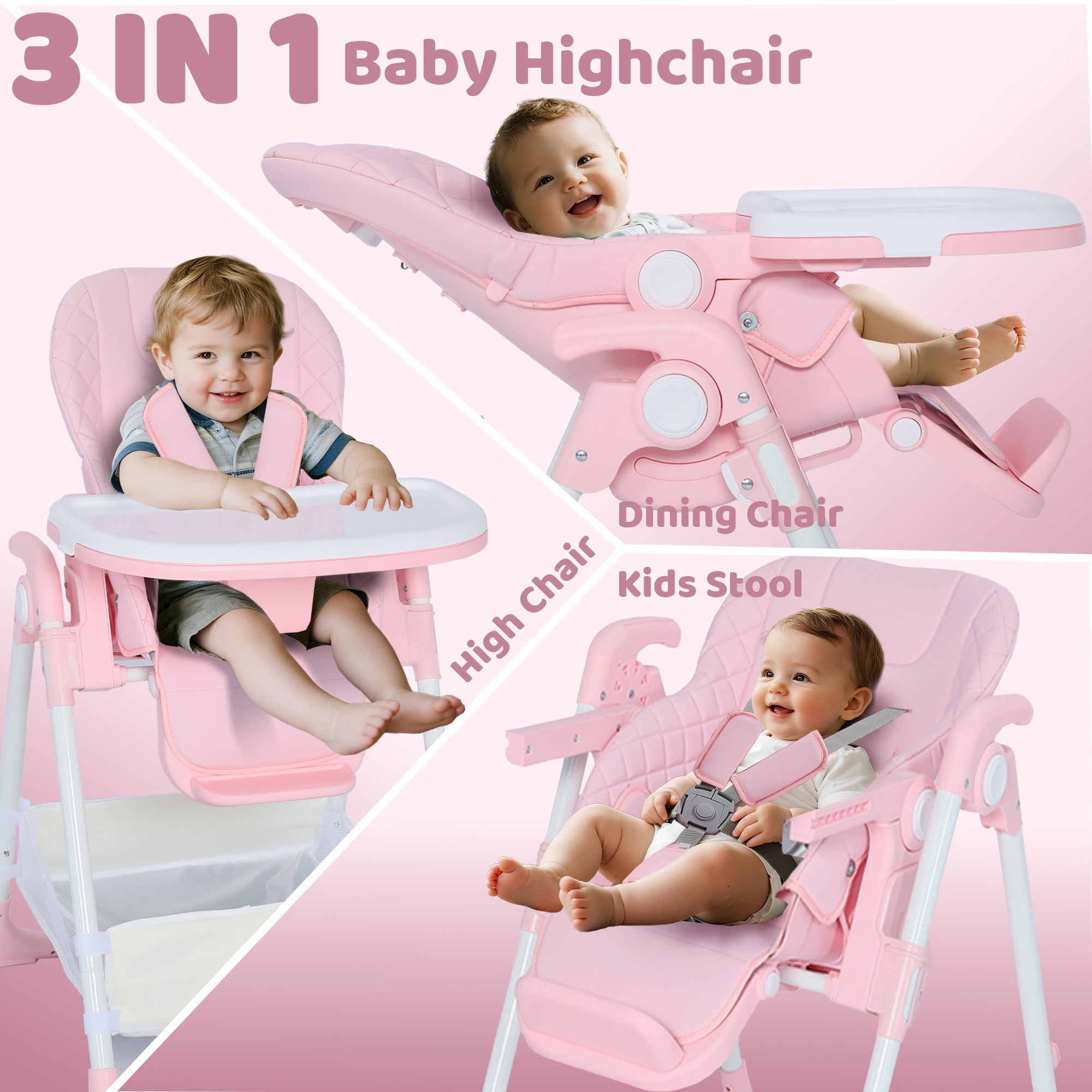 AILEEKISS Foldable Baby High Chair with Wheels, Adjustable Recline Toddler Eating Chair, Pink