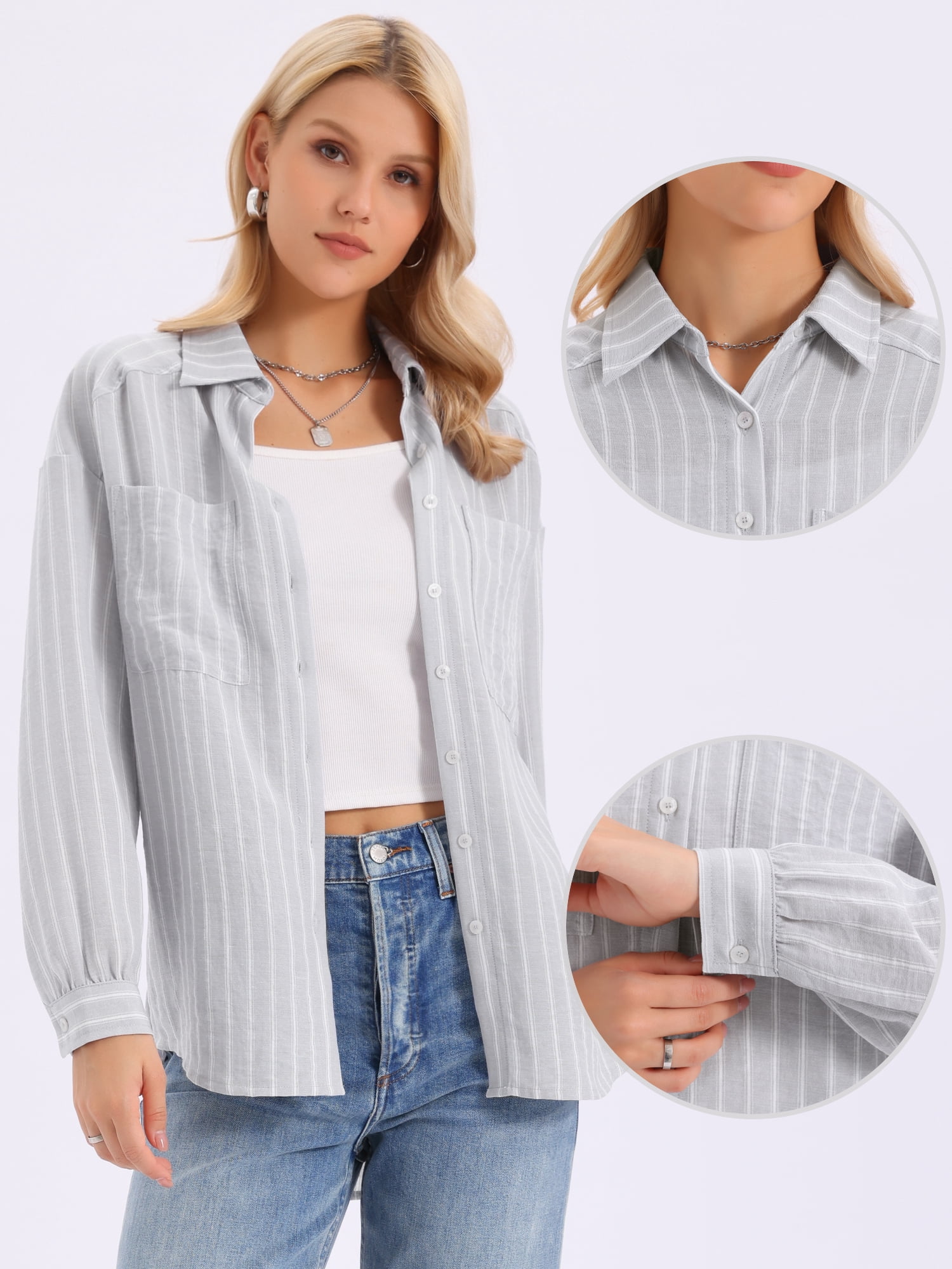 DARING DIVA Women's Striped Button Down Long Sleeve Collared Blouses XS Light Grey