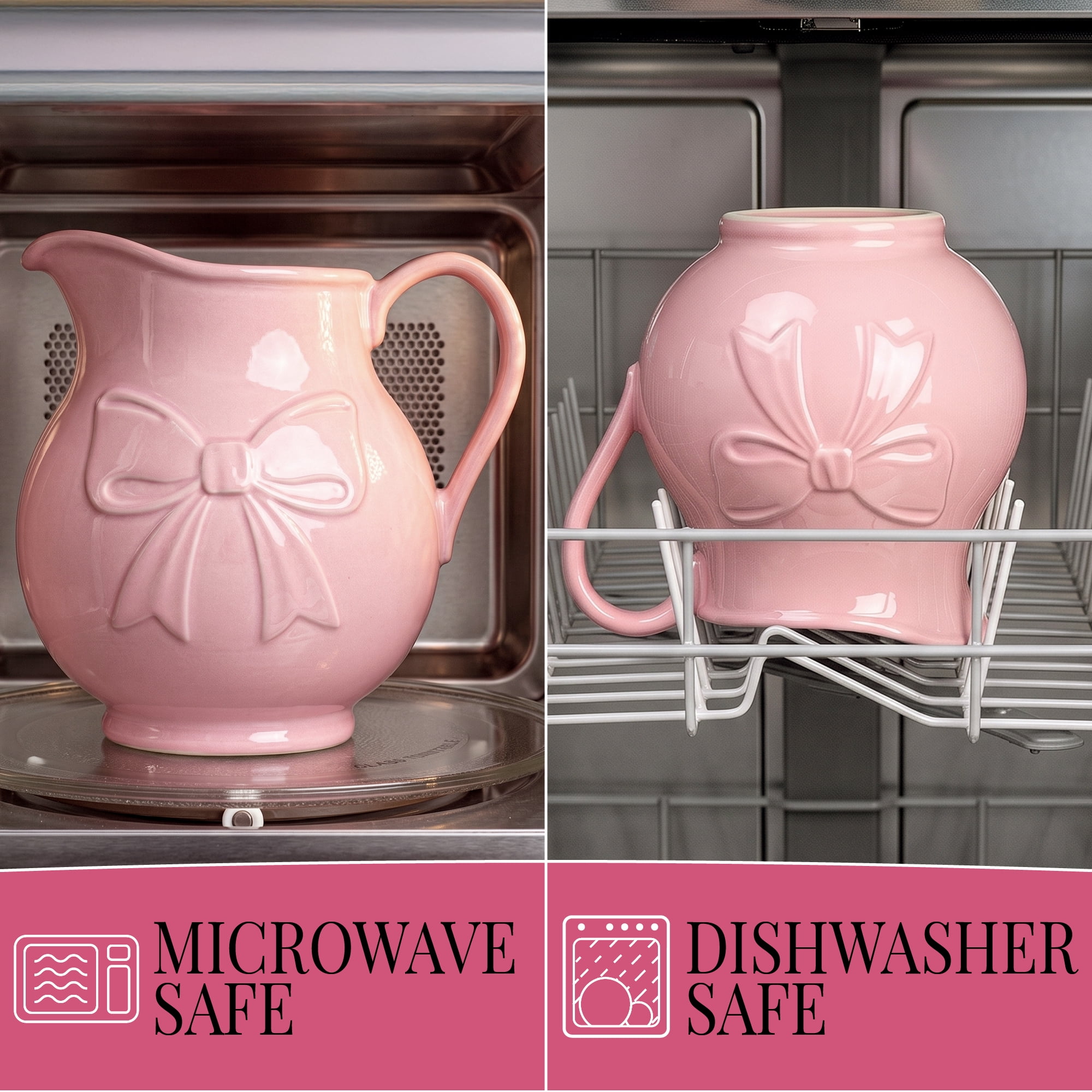 Paris Hilton Ceramic Stoneware Pitcher, 2.5-Quart, Bow Design, Microwave and Dishwasher Safe, London Pink