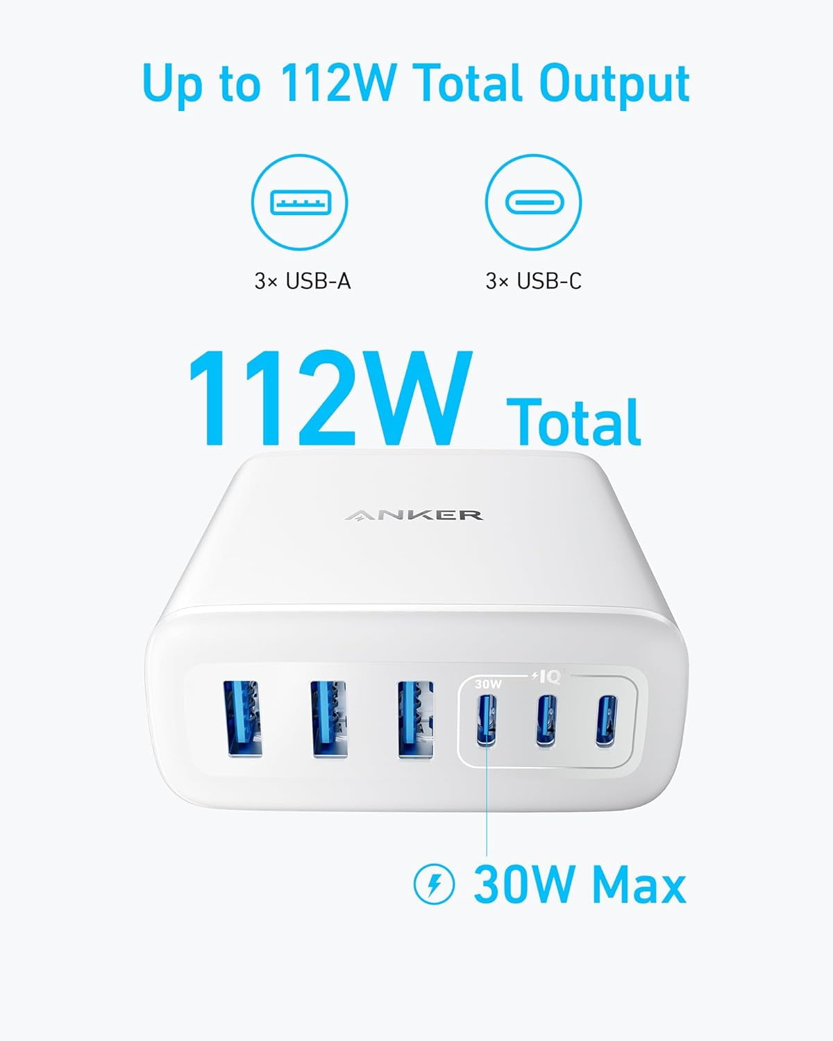 Anker Desktop Charger, Fast Charging USB C Charger, 112W Max 6-Port Charging Station