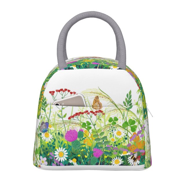 Fotbe Plants and Insects Pattern Lunch Bag , Insulated Lunch Box, Small Leakproof Cooler Food Lunch Containers Reusable Lunch Tote Bags