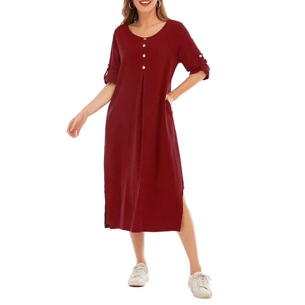 Vestido de mujer Manga enrollada Bolsillos laterales Aberturas Botón O Cuello Vestido largo inf MABOTO Vestido de mujer