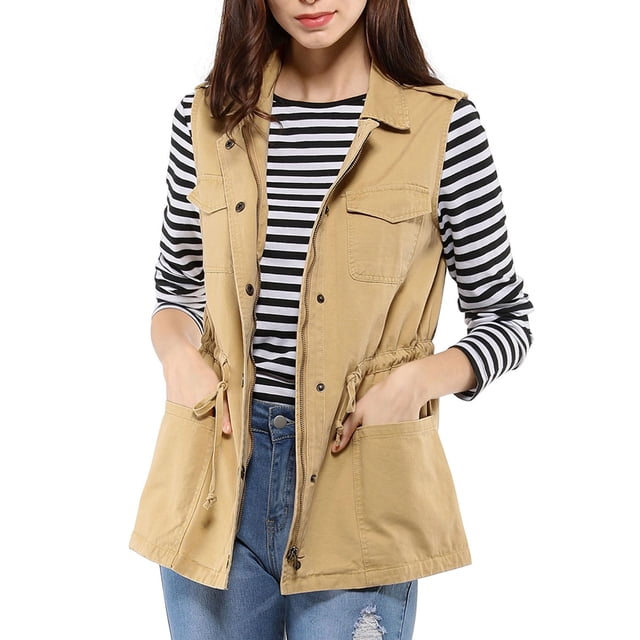 Chaleco sin mangas para mujer INSPIRE CHIC con cintura ajustable, cierre de cremallera, de algodón, estilo cargo, con bolsillo, color caqui, talla M