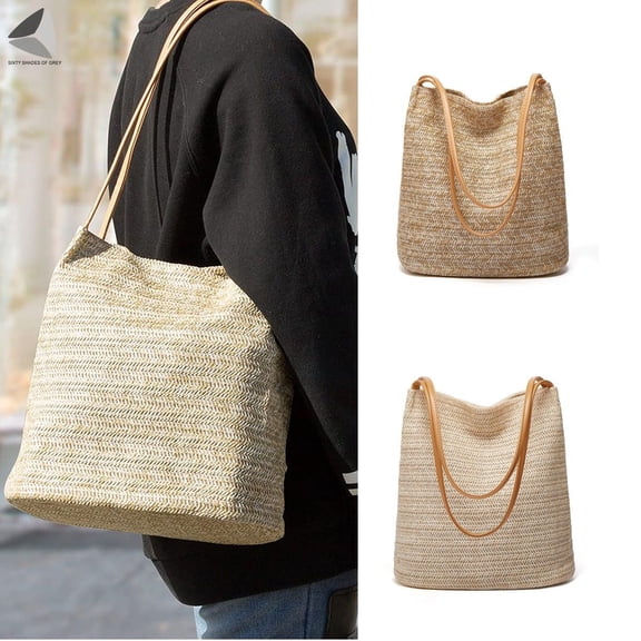 PULLIMORE Womens Straw Beach Handbag Casual Boho Woven Tote Bag Shoulder Bucket Bag (Khaki)