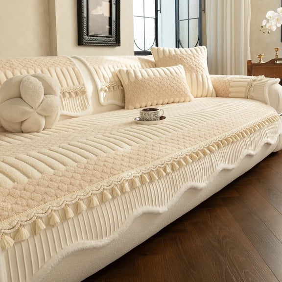 Cream Style Thick Sofa Cover , High Gram Weight Non Slip Full Coverage Couch Pad, Tassel Edge Warm Sofa Slipcover for Living Room Furniture