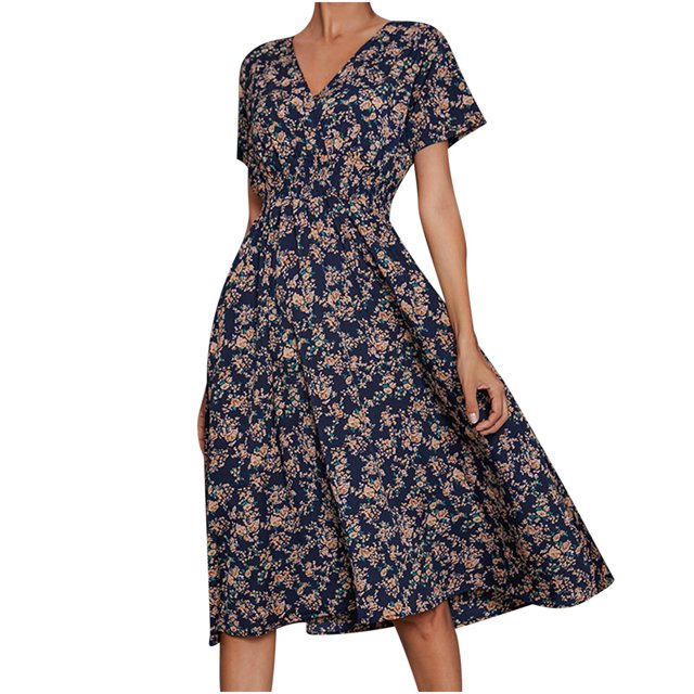 Robes d'Été pour Femmes Col en V Manches Courtes Imprimé Floral Robe Bohème Décontractée Confortable Ligne A Évasée Plage Robe Midi