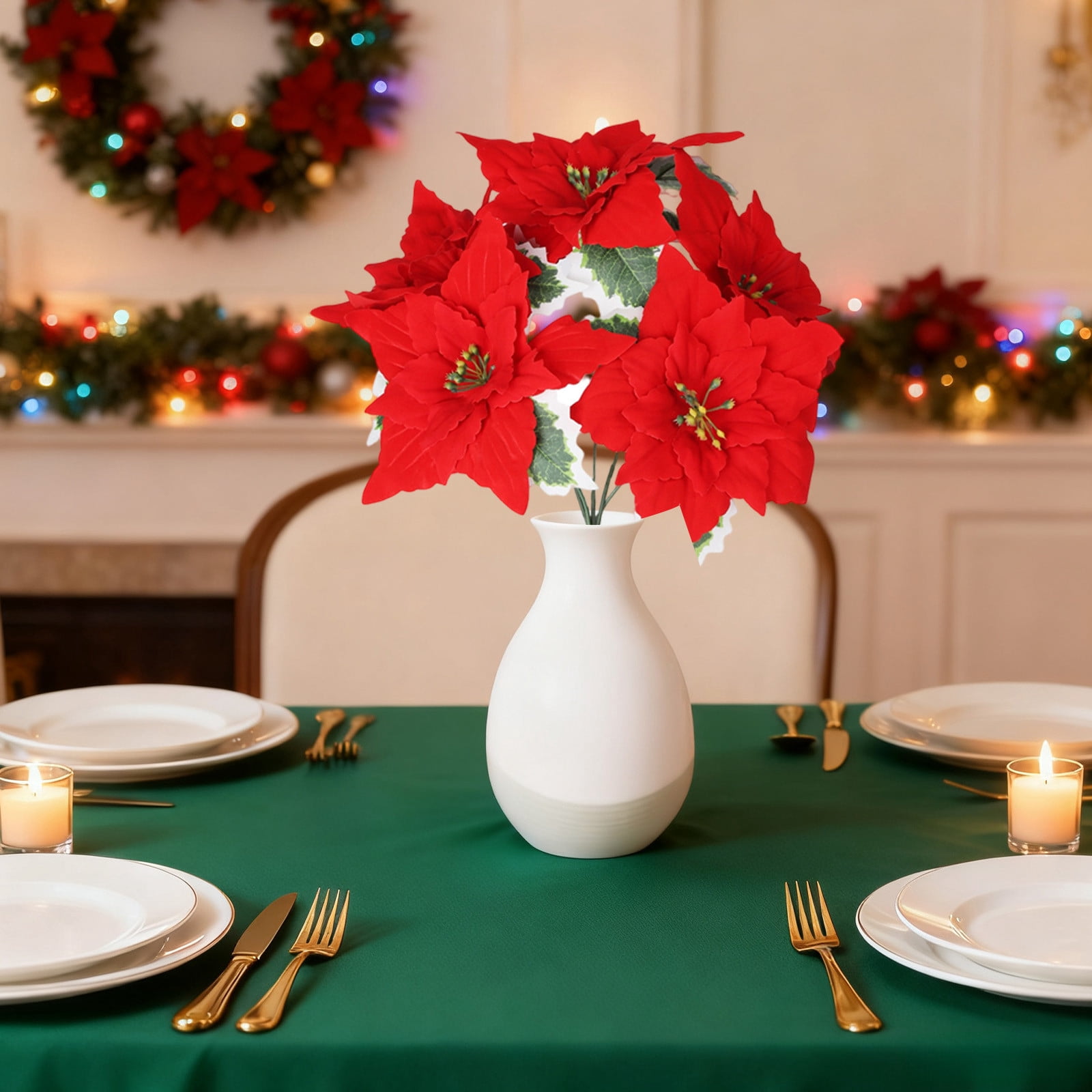 Bwiyojiz Christmas Decorations Home Decor Count 5pcs Decoration Holiday Products Flannel 5-fork Bouquet Simulation Flower Poinsettia Ornament, Gifts for Friend, Red