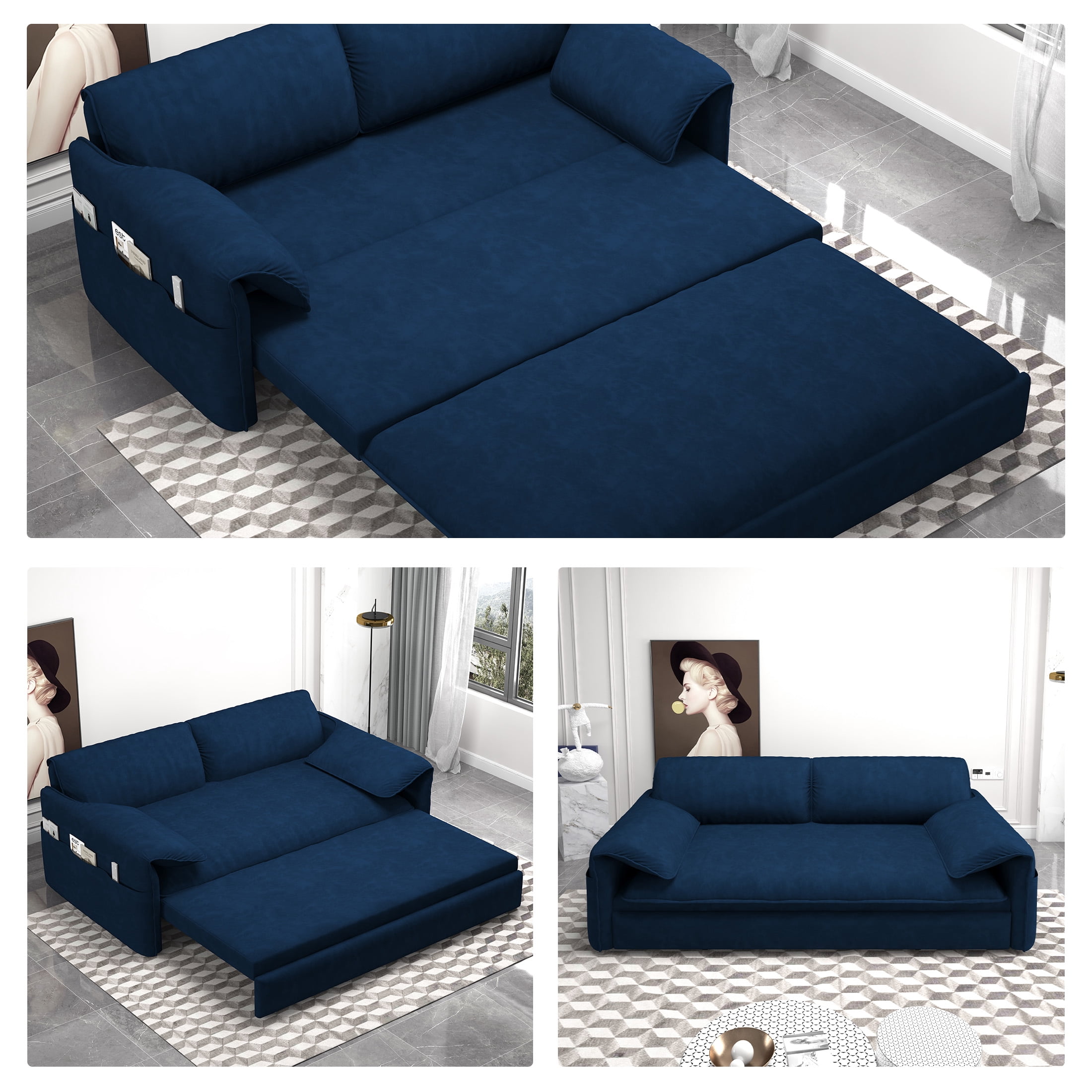 Aukfa Queen Sleeper Sofa Bed, Convertible Loveseat Pull Out Sofa Couch with Side Pockets, Blue