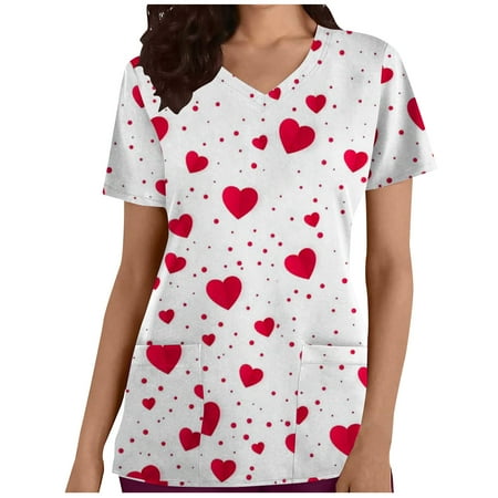 

Summer Savings Clearance 2023! pbnbp Valentine s Day Shirts for Women Casual Vintage Heart Print Nurse Working Uniform Pockets V Neck Short Sleeve T-Shirts