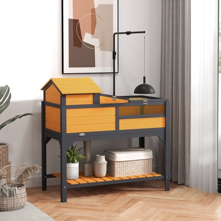 PawHut Tortoise Habitat 2 Layers Tortoise Enclosure w/ Adjustable Lamp Holder, Storage Shelf, Removable Main House, Fixed Tray, Openable Lid, Yellow
