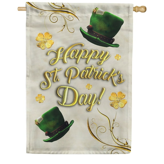 America Forever Happy St. Patrick's Day Leprechaun Hat House Flag 28 x 40 Inch Double Sided Yard Outdoor Decoration Lucky Clovers Shamrocks St. Patrick's Day Gold Flag
