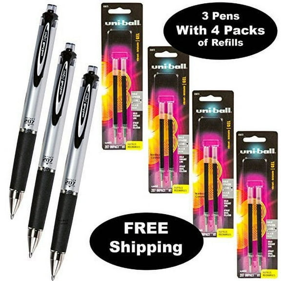 Uni-Ball Signo Impact 207 Rt 65870 Pack of 3 with 4 Packs of Refills 65873 Black Gel Ink 1.0mm Bold Point