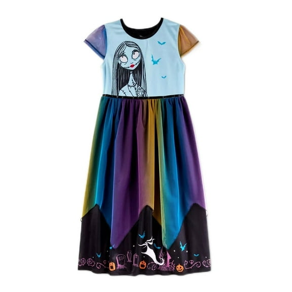 Nightmare Before Christmas Sally Girl's Halloween Satinet and Tulle Nightgown (Medium 8)