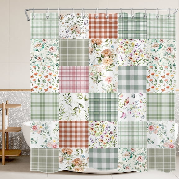 HVEST Patchwork Plaid Floral Shower Curtain, Sage Green Flower Shower Curtain - Retro Checkered Wildflower Bathroom Decor, Waterproof Polyester Fabric, Includes 12 Hooks, 72x72 Inches