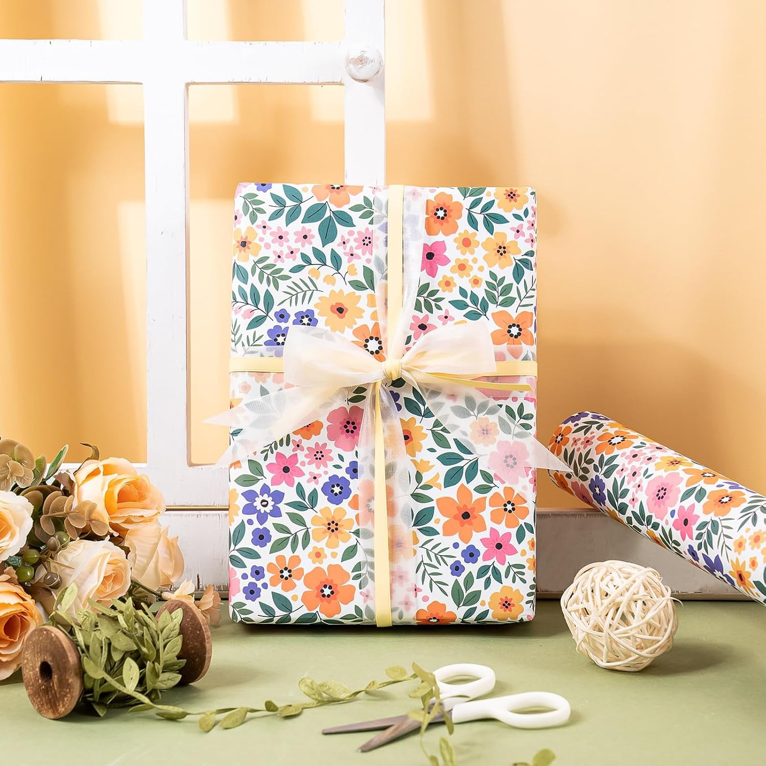AllWays Plaza Kraft Floral Wrapping Paper Roll - Mini Roll - 17 Inch x 33 Feet - Ditsy Flower Wrapping Paper, Perfect for Wedding, Birthday, Bridal Shower, Tea Party
