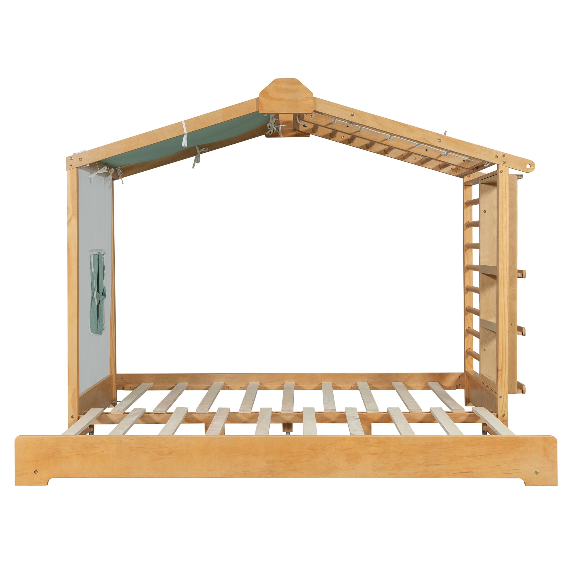 Twin Size House Bed with Twin Size Trundle and Side Shelves, Natural