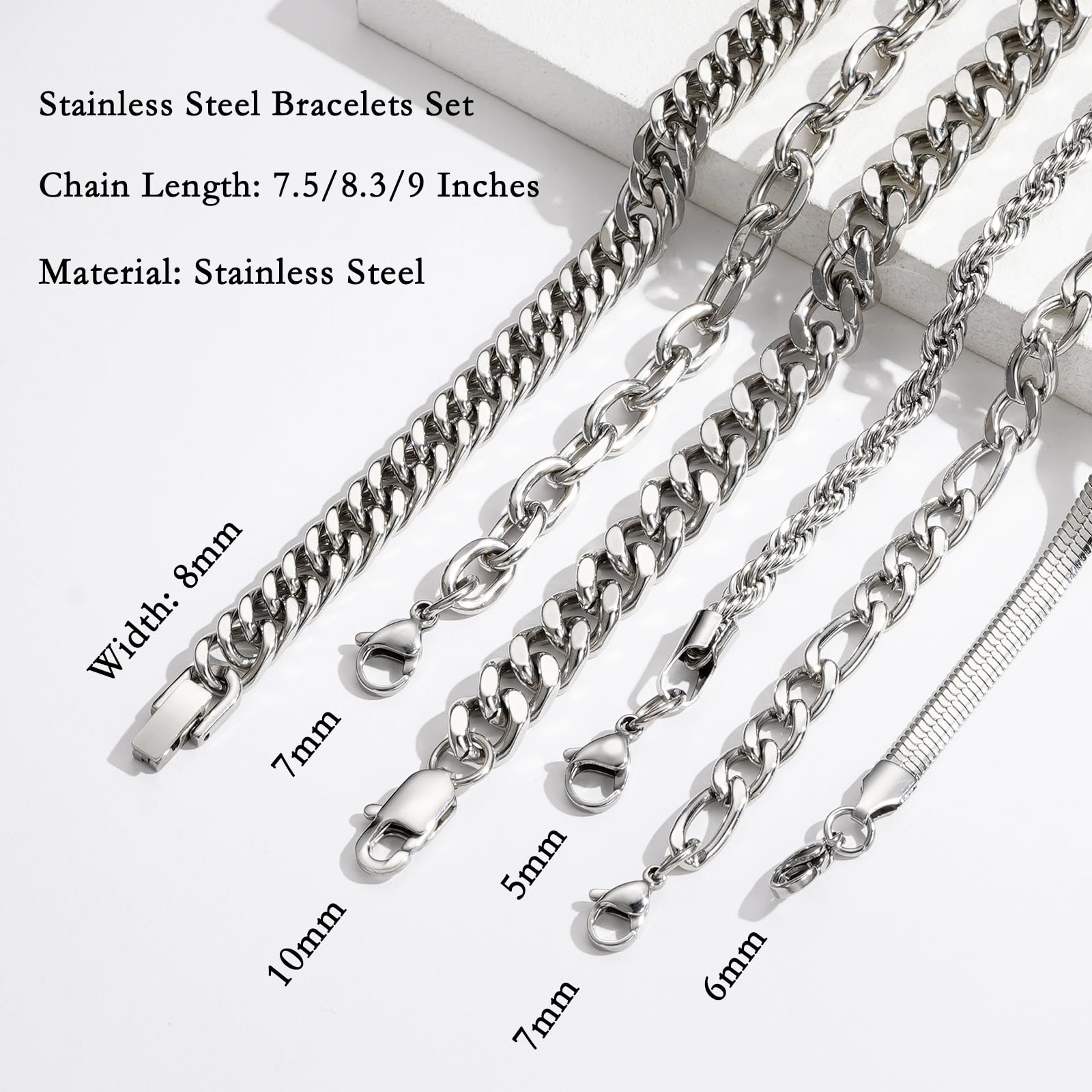 APSVO 6-Piece Silver Stainless Steel Chain Bracelets photo 3