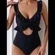 thumbnail image 4 of Traje de Baño de una Pieza para Mujer, con Control de Abdomen, Volantes, Cuello en V, Fruncido, Corte Adelgazante. Negro XL, 4 of 7